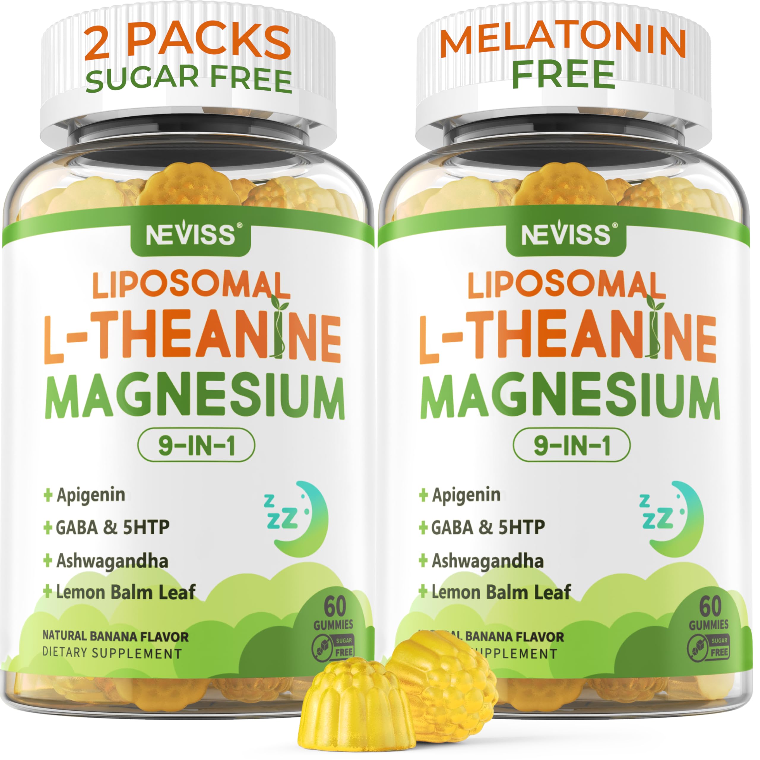 NEVISS liposomal L-Theanine gummies in a bottle for daily calm and focus.