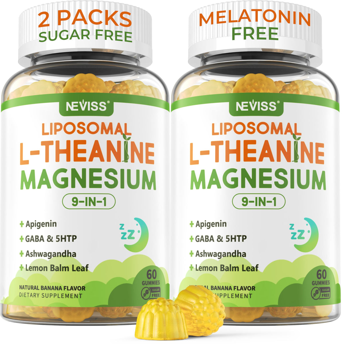 NEVISS liposomal L-Theanine gummies in a bottle for daily calm and focus.