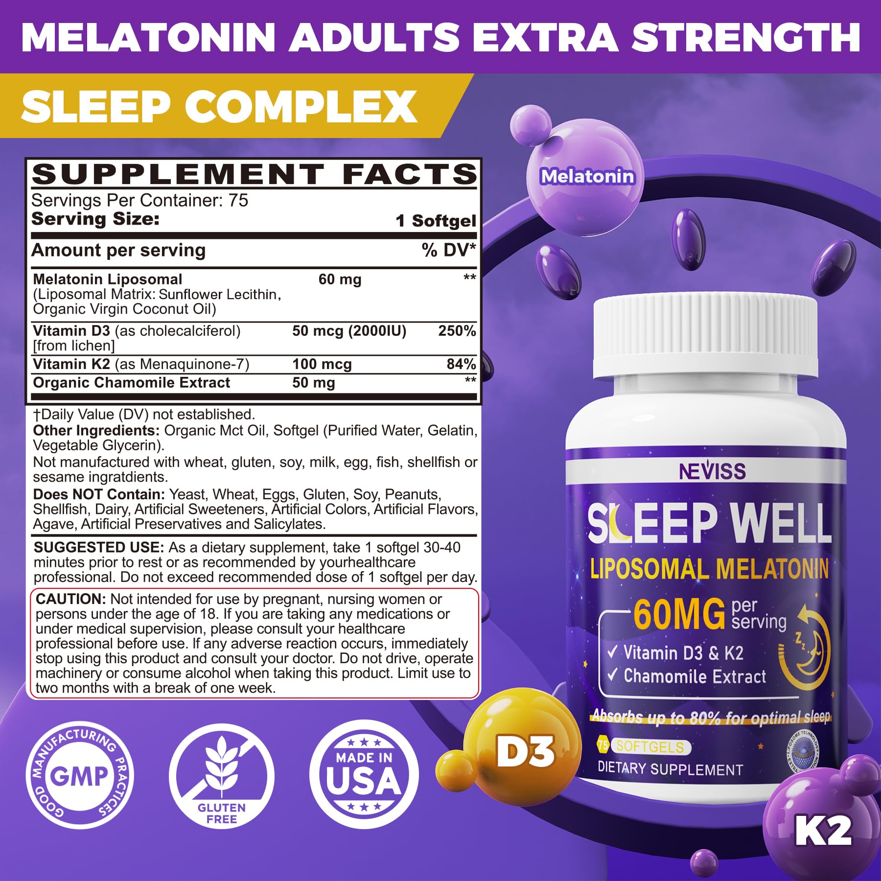 NEVISS liposomal melatonin 60mg close-up for advanced absorption and restful sleep