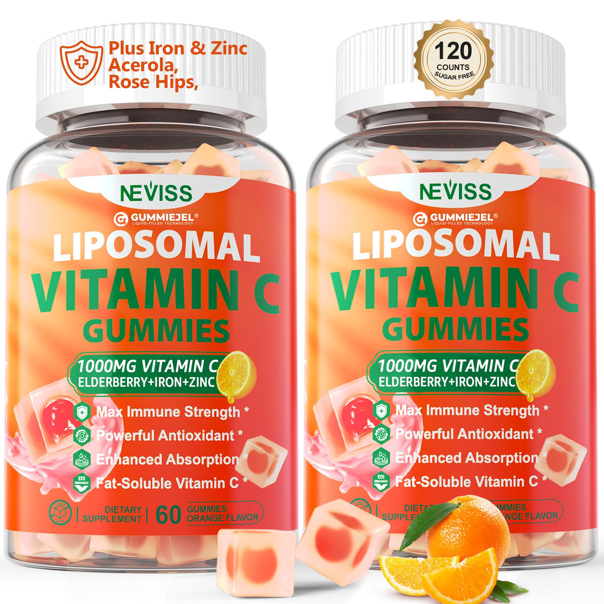 NEVISS liposomal vitamin C gummies packaging in a 2-pack bottle for immune support