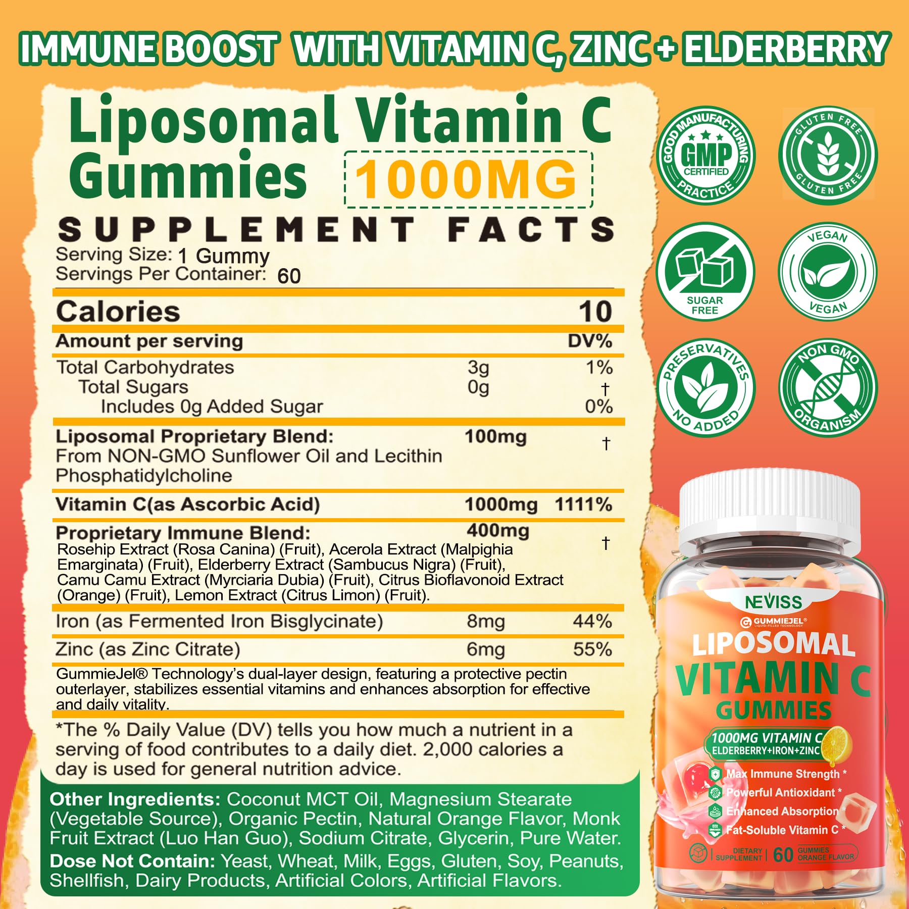 Ingredient panel of NEVISS gummies with iron zinc and elderberry