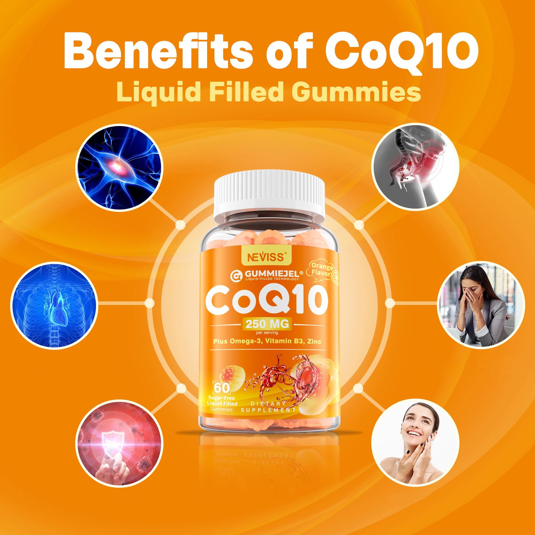 Cross-section of liquid-filled CoQ10 gummy highlighting inner liquid for potency.