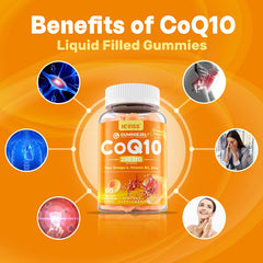 Cross-section of liquid-filled CoQ10 gummy highlighting inner liquid for potency.