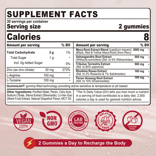 NEVISS Maca Root Filled Gummies closeup shows chewy texture for daily use.