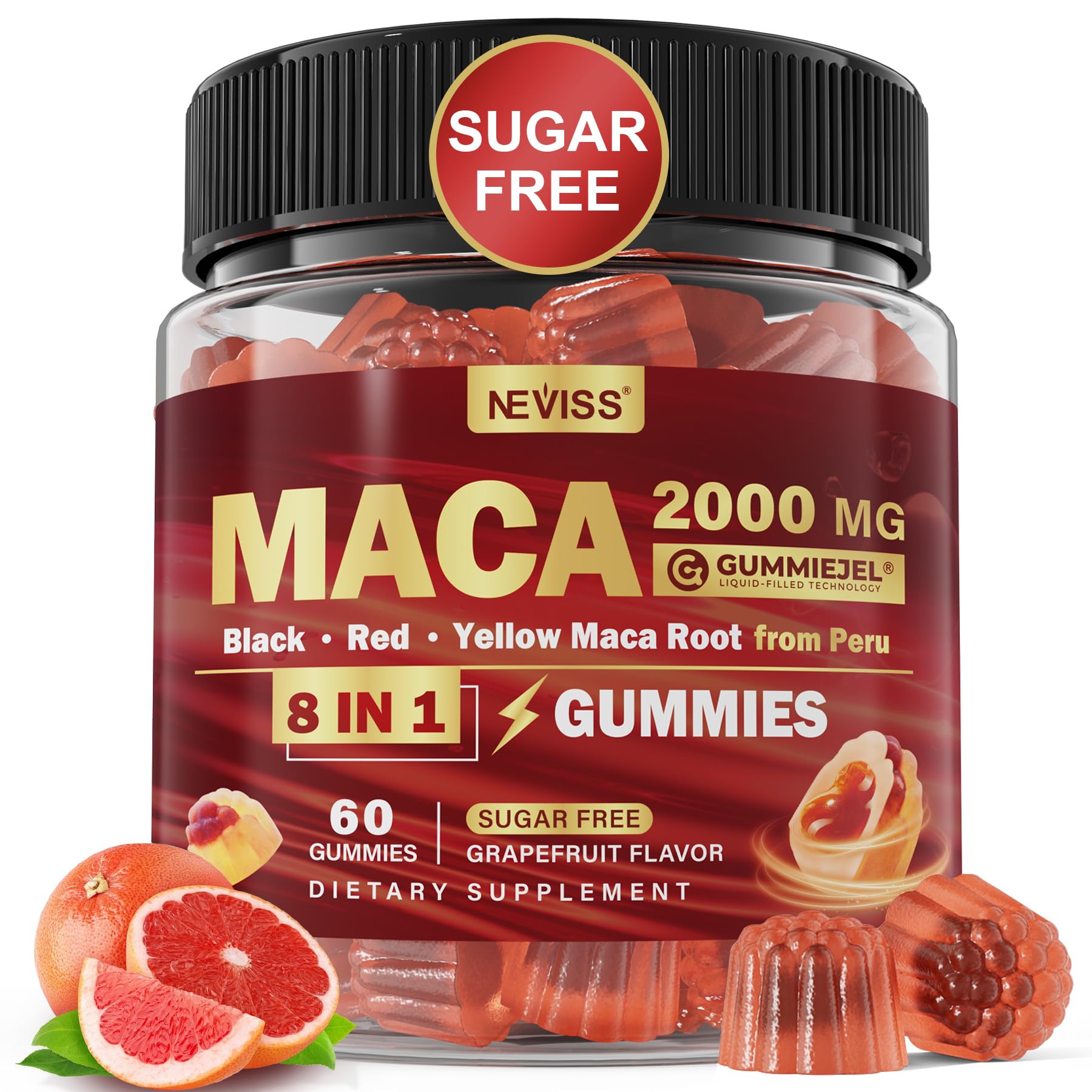 NEVISS Maca Root Filled Gummies bottle supports daily wellness with grapefruit flavor.