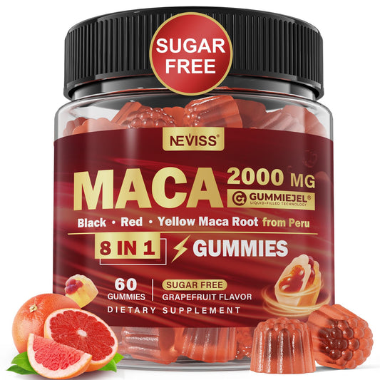 NEVISS Maca Root Filled Gummies bottle supports daily wellness with grapefruit flavor.