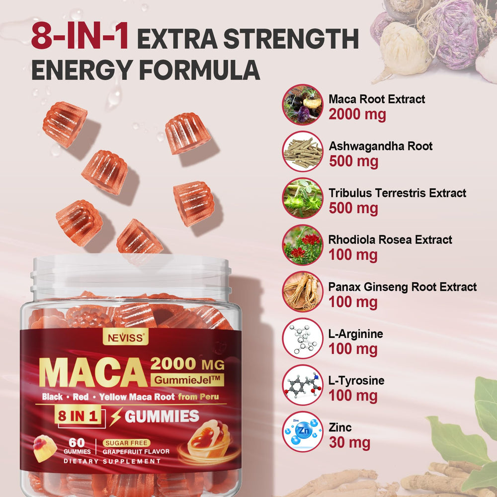 NEVISS Maca Root Filled Gummies packaging highlights vegan, non-GMO quality.
