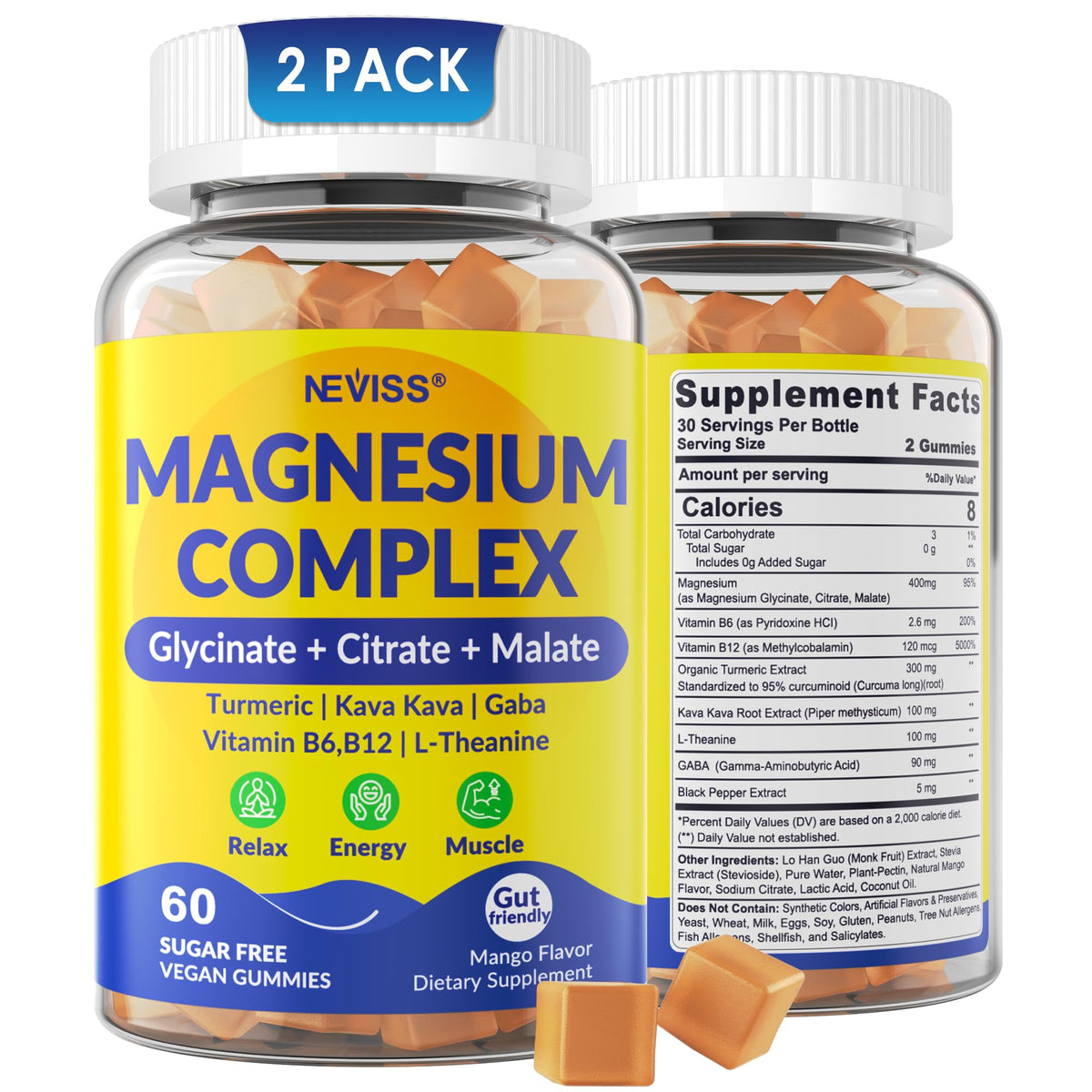 NEVISS Magnesium Complex Gummies bottle front view promotes a gentle evening routine for relaxation.