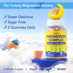 NEVISS Magnesium Complex Gummies vegan symbol close-up confirms plant-based formulation.