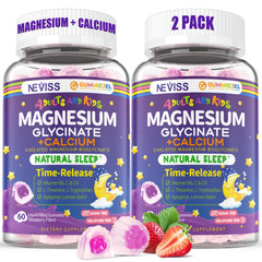 Neviss magnesium glycinate calcium gummies bottle showing strawberry flavor and daily wellness.