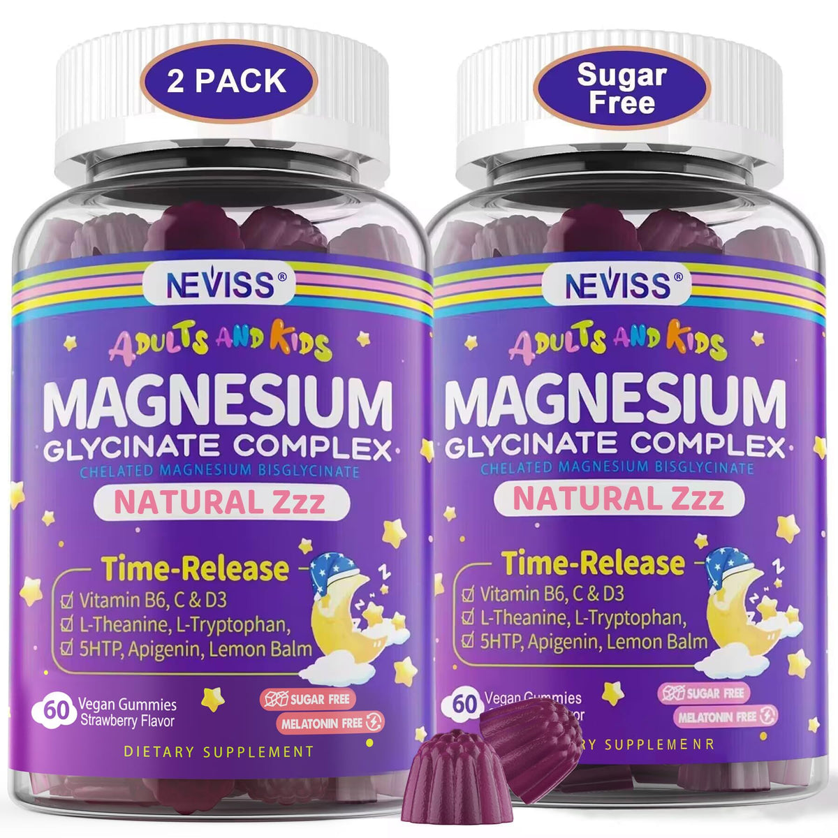 NEVISS Magnesium Glycinate Gummies bottle label highlighting a sugar-free formula for daily wellness