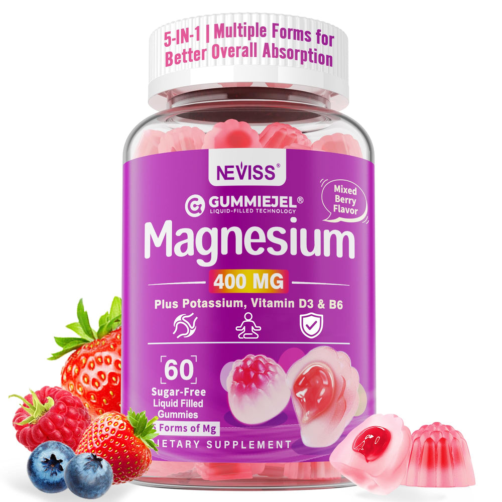 NEVISS Magnesium Gummies bottle front with berry flavor for calm energy