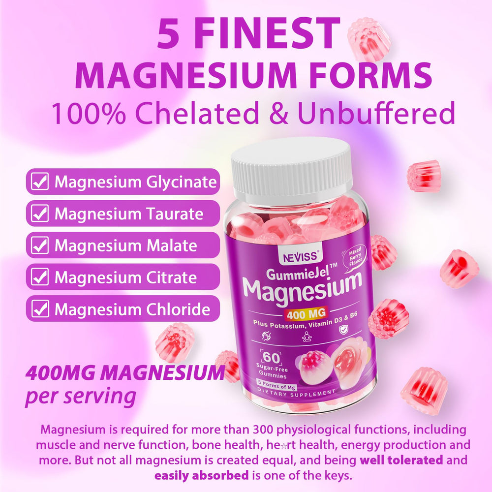 NEVISS Magnesium Gummies label close-up highlighting 5-in-1 complex for absorption