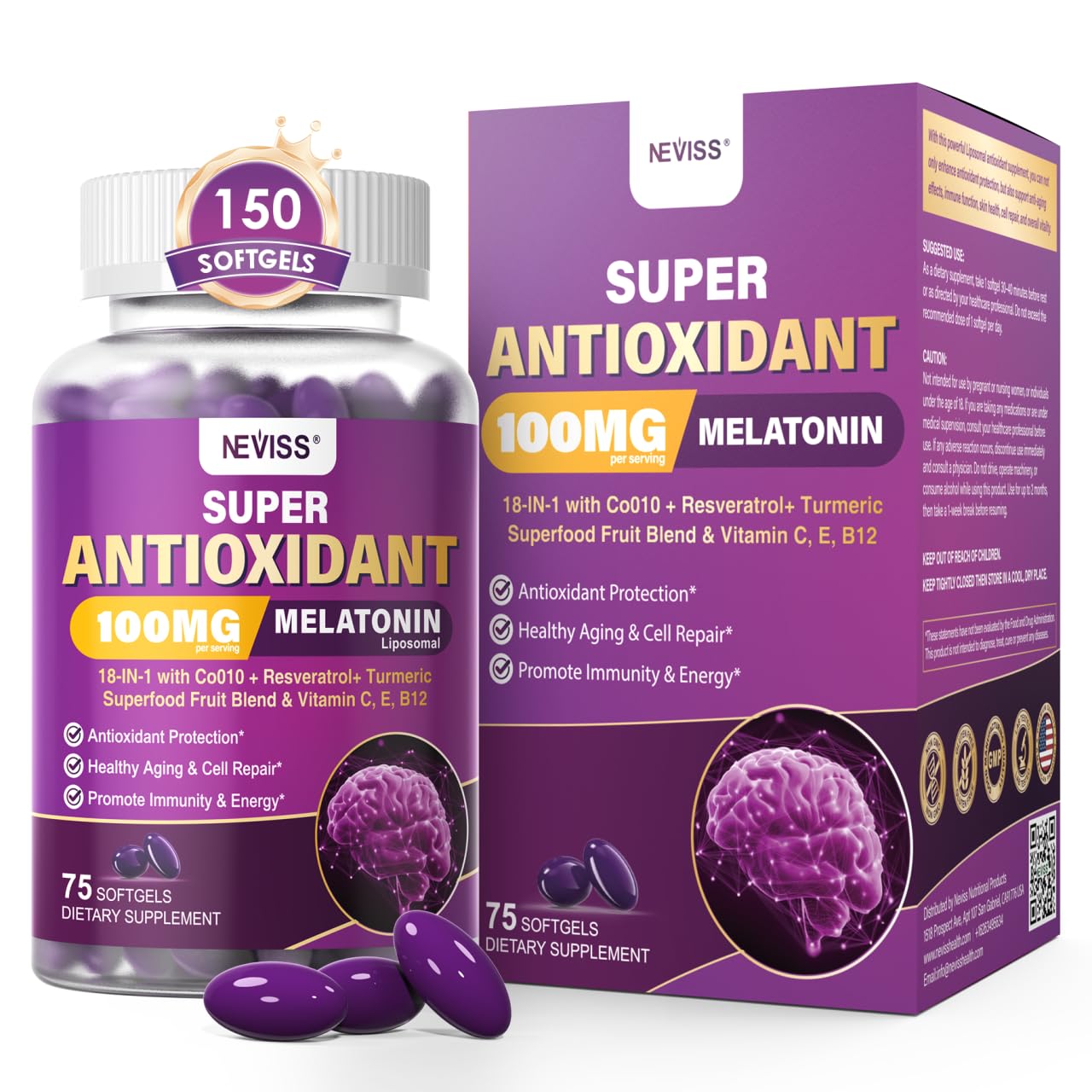 NEVISS Melatonin 100mg liposomal bottle with the premium formula for energy support