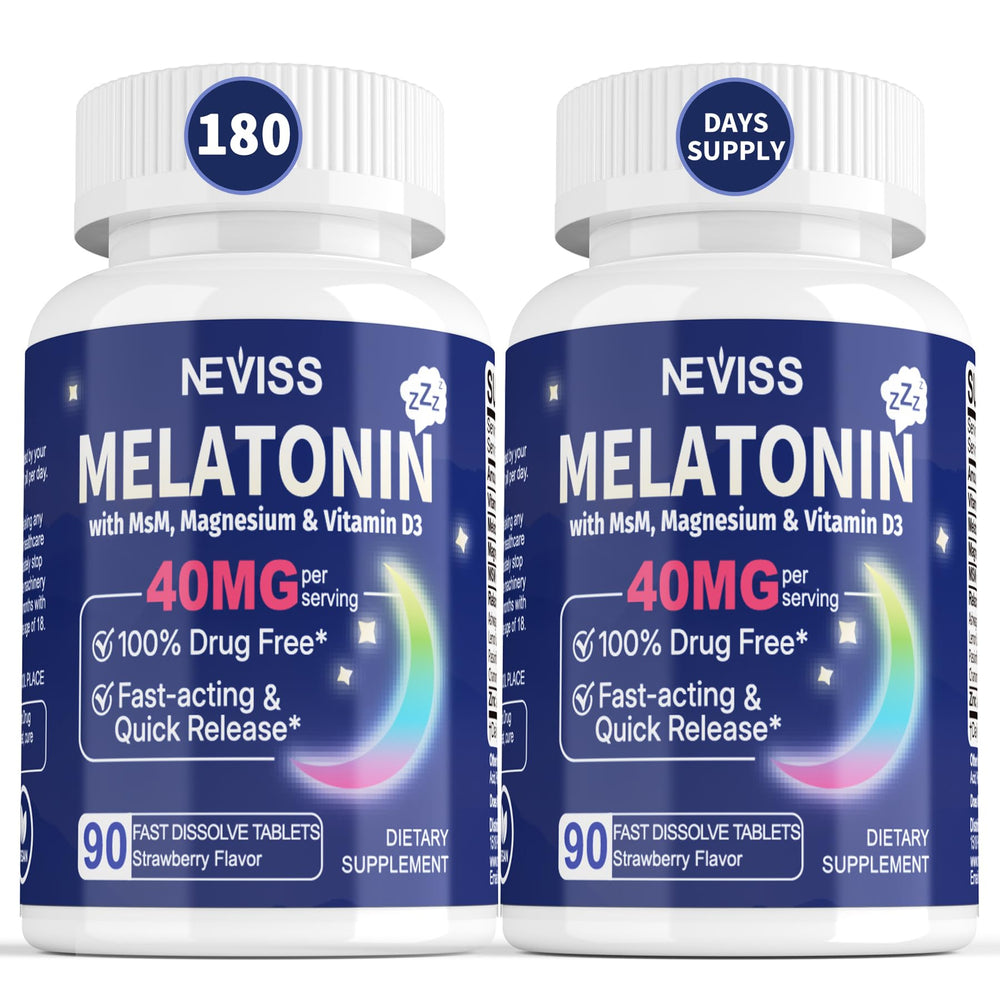 NEVISS Melatonin 40 mg fast-dissolve bottle supports easy nightly rest.