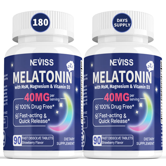 NEVISS Melatonin 40 mg fast-dissolve bottle supports easy nightly rest.