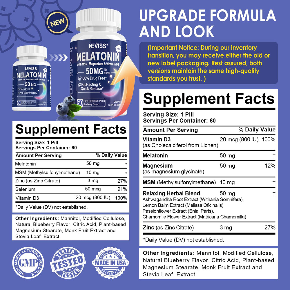 Front view of NEVISS melatonin bottle packaging for night use.