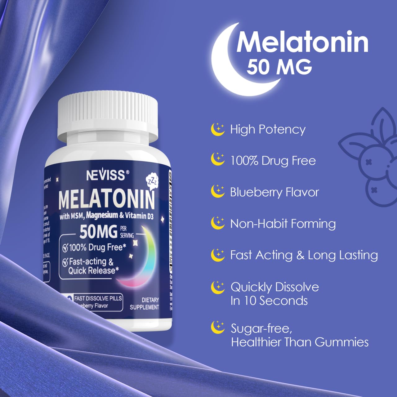 NEVISS Melatonin 50mg chamomile illustration suggests soothing bedtime comfort