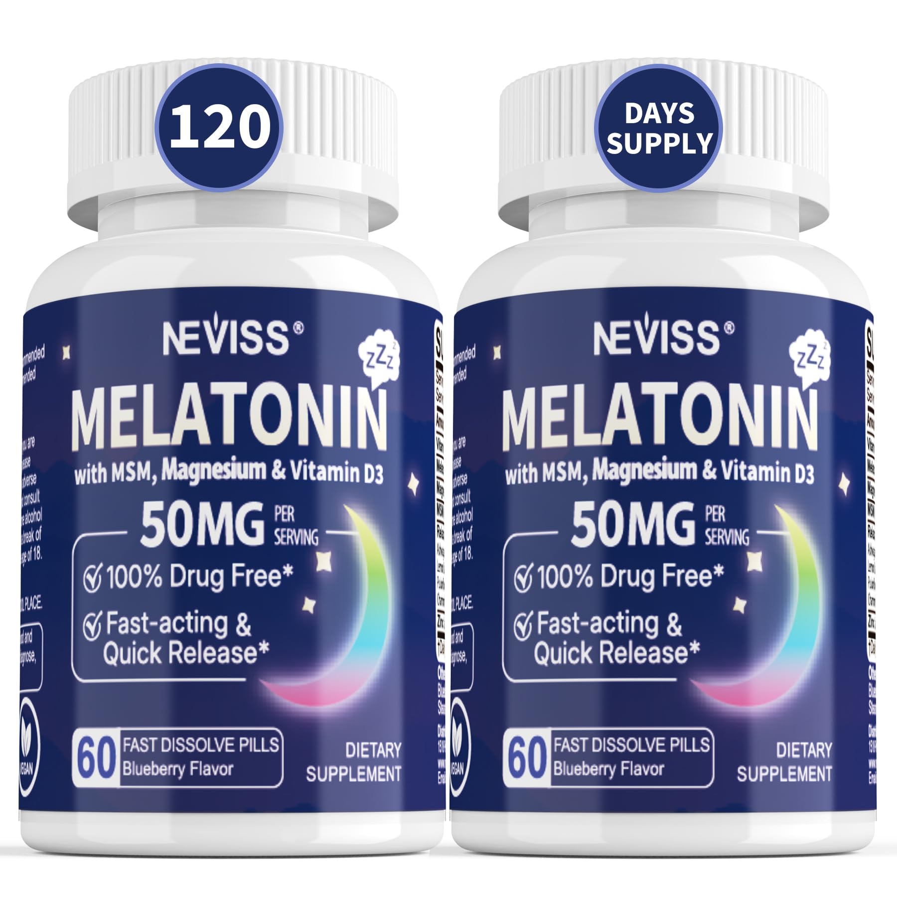 NEVISS melatonin 50 mg fast-dissolve tablet for quick rest support.
