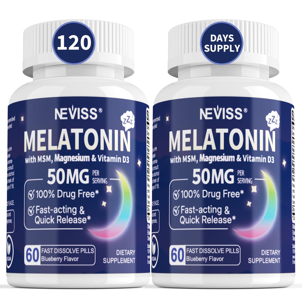 NEVISS melatonin 50 mg fast-dissolve tablet for quick rest support.