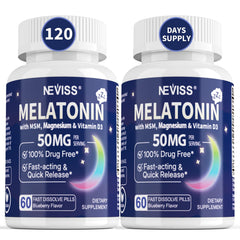 NEVISS melatonin 50 mg fast-dissolve tablet for quick rest support.