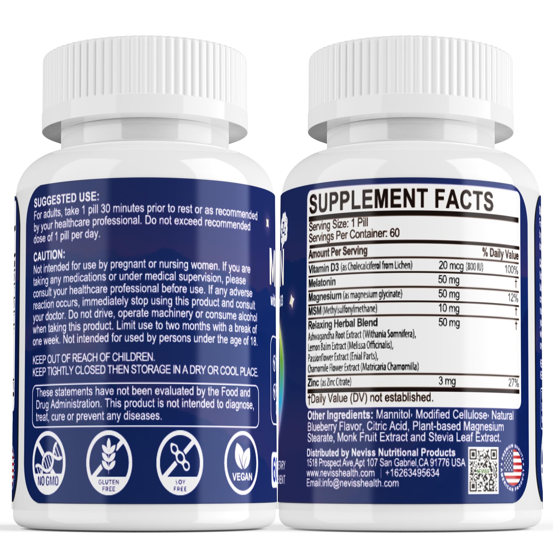 NEVISS Melatonin 50mg vegan-friendly, sugar-free nightly support