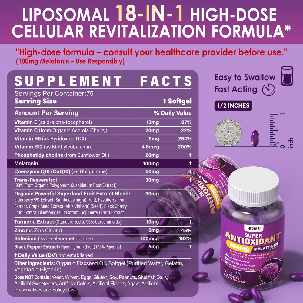 Close-up of NEVISS Melatonin ingredients featuring CoQ10 and turmeric for antioxidant support
