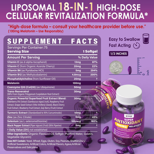 Close-up of NEVISS Melatonin ingredients featuring CoQ10 and turmeric for antioxidant support