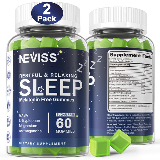 NEVISS Melatonin-Free Sleep Gummies bottle with lemon flavor for a calm evening.