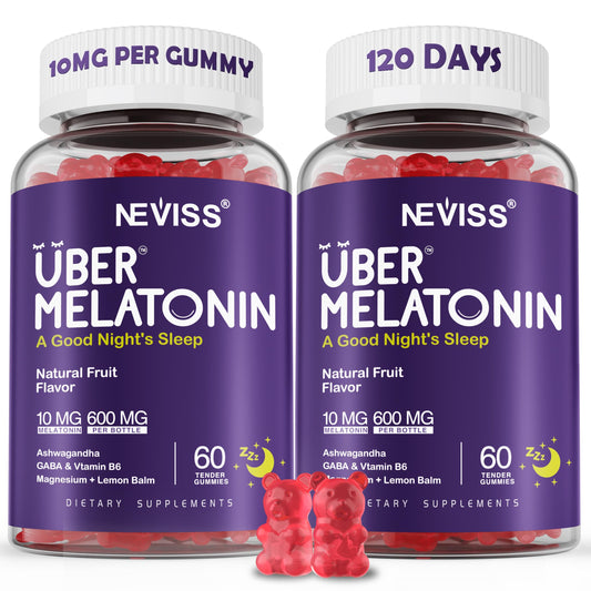 NEVISS Melatonin Gummies bottle front for a calm evening routine and sleep support.