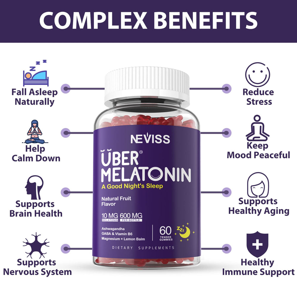 NEVISS Melatonin Gummies bottle side view suggests convenient nightly dose.