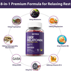 NEVISS Melatonin Gummies pour scene shows mix of natural ingredients for sleep.
