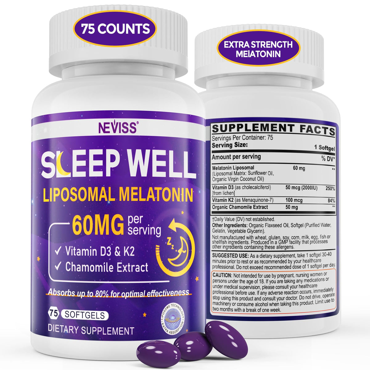 NEVISS liposomal melatonin bottle close-up for deep rest support.