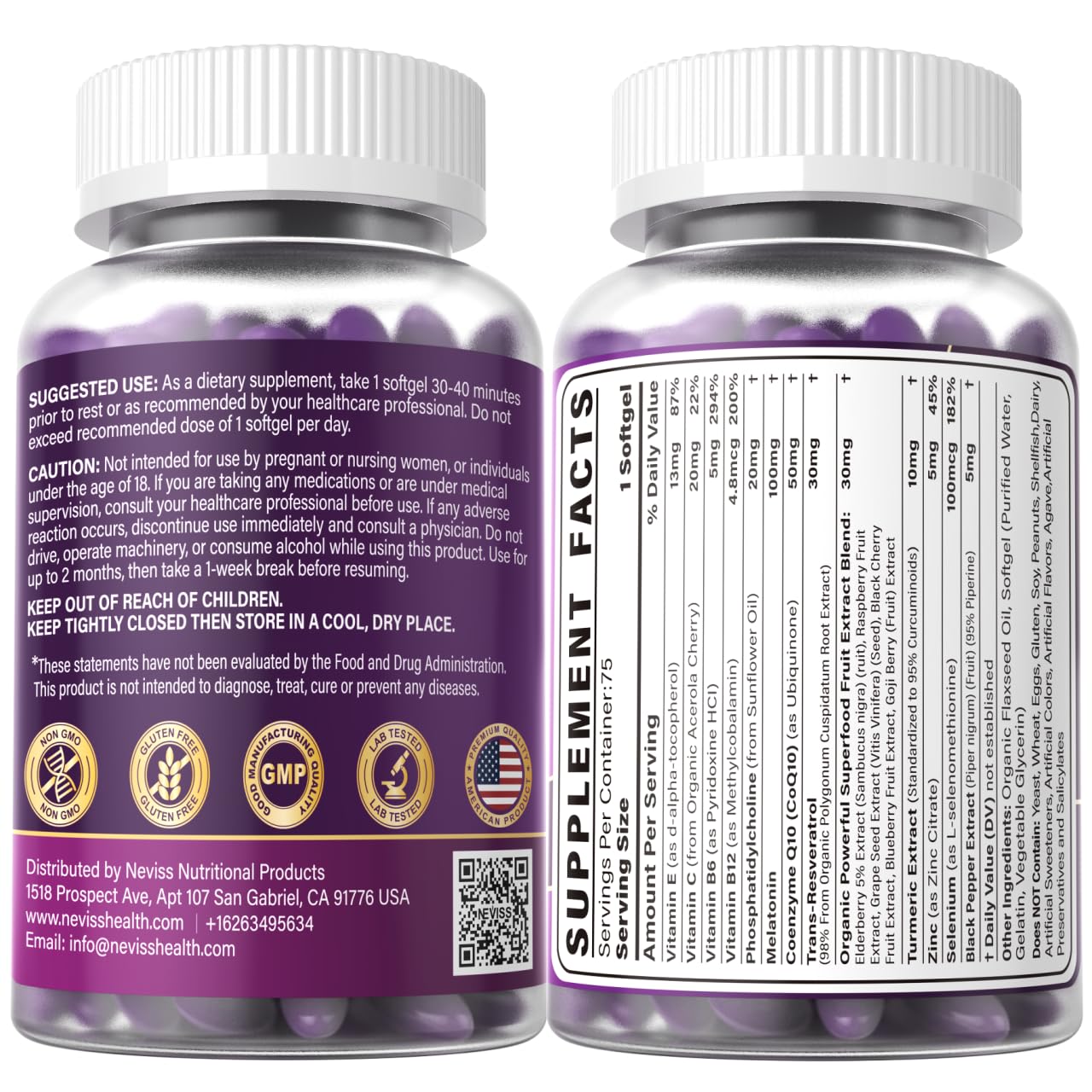 NEVISS Melatonin box packaging closeup emphasizing premium quality