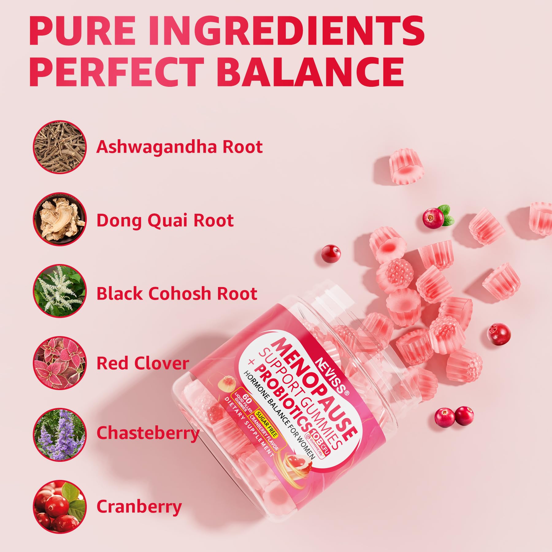 Flavor shot with cranberry imagery suggests natural taste and probiotic benefits.