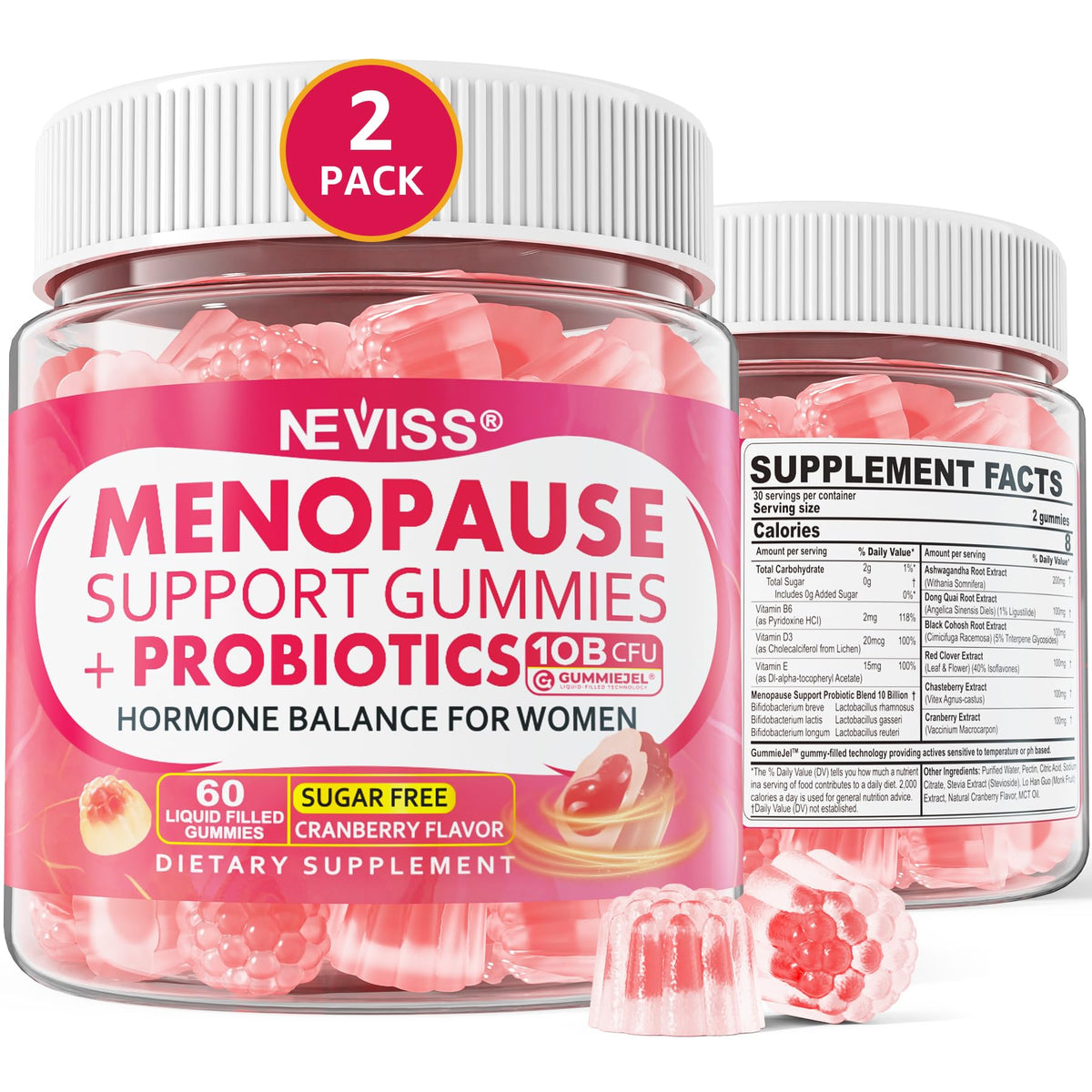 NEVISS Menopause Gummies jar close-up; sugar-free berry flavor for daily comfort.