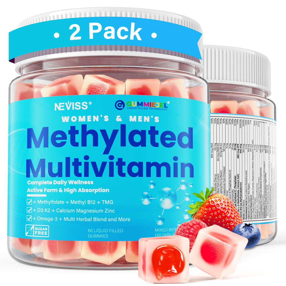 NEVISS methylated multivitamin gummies bottle closeup for daily wellness