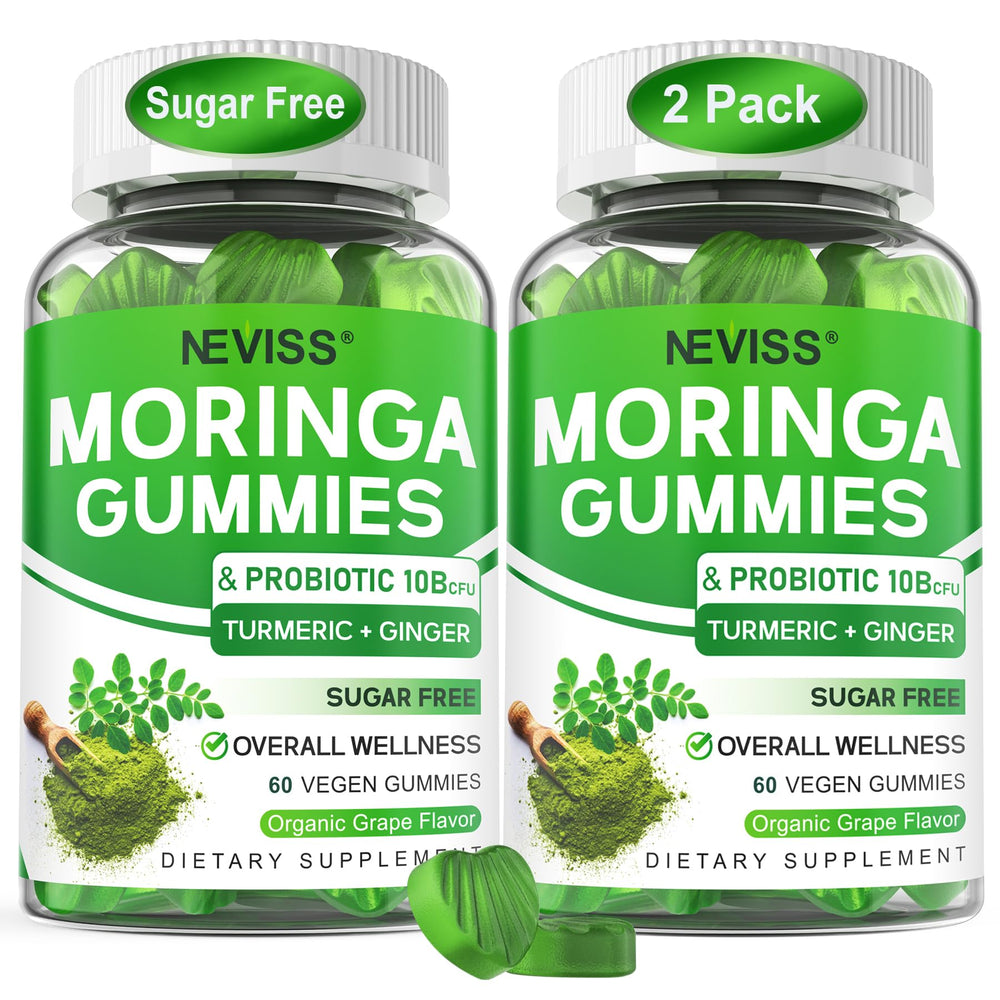 Neviss Moringa Gummies bottle shows vegan formula with grape flavor for daily energy.