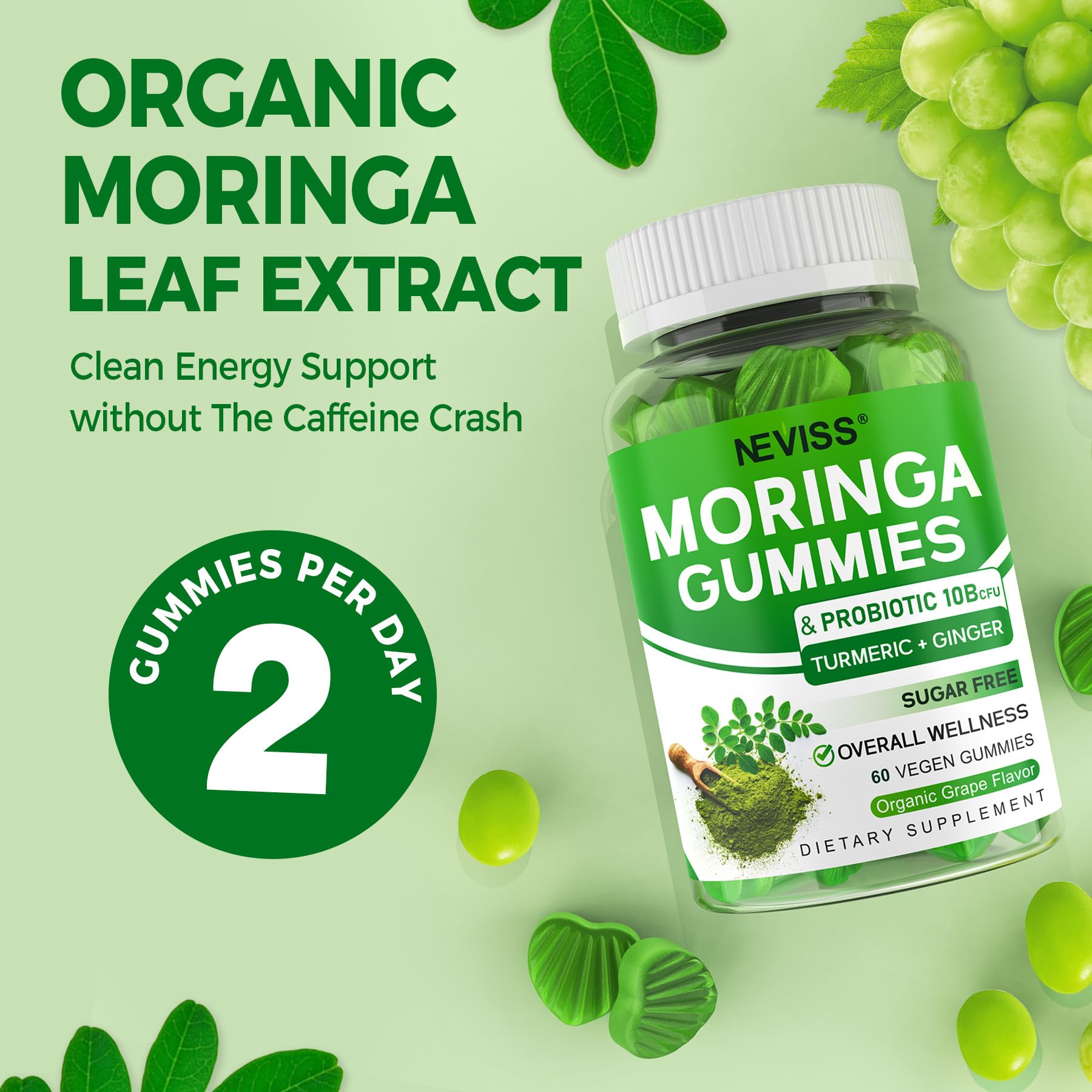 Neviss Moringa Gummies serving idea with a glass of water nearby.