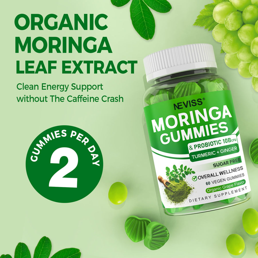 Neviss Moringa Gummies serving idea with a glass of water nearby.