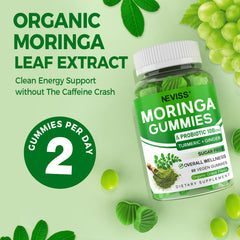 Neviss Moringa Gummies serving idea with a glass of water nearby.