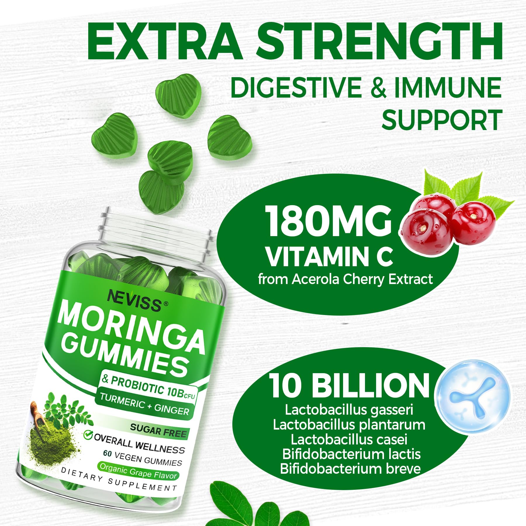 Neviss Moringa Gummies vegan, gelatin-free formula with natural sweeteners.