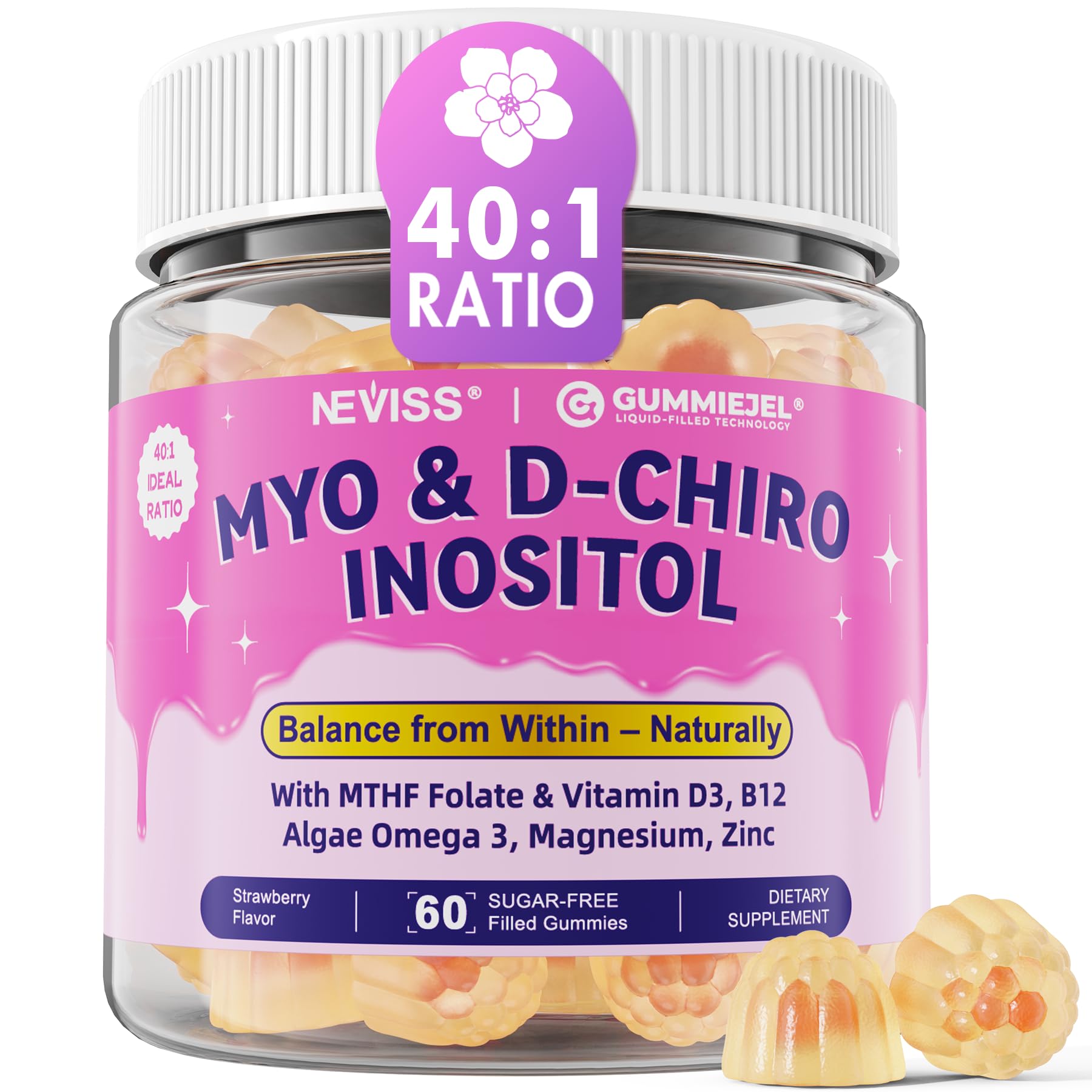 NEVISS bottle of Myo-Inositol and D-Chiro Inositol balance gummies for daily wellness
