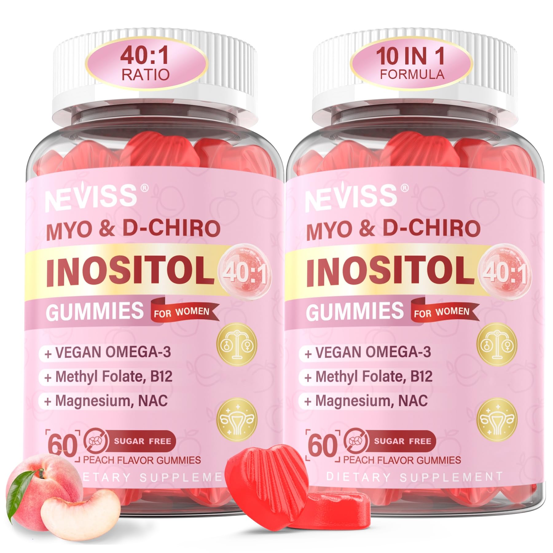 NEVISS myo-inositol and d-chiro gummies in jar show the 40:1 balance for daily wellness