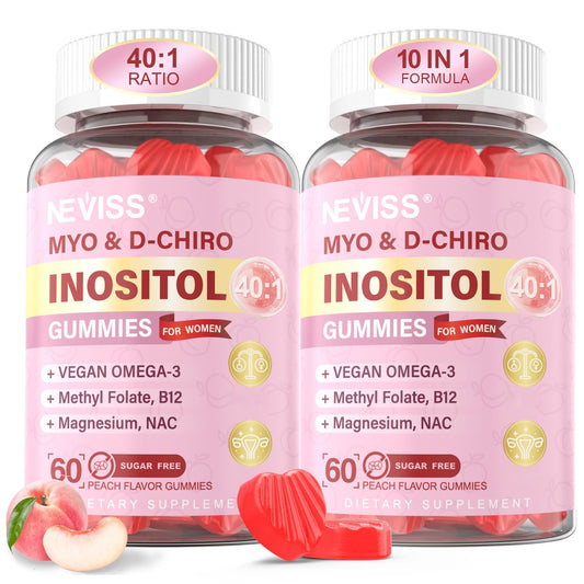 NEVISS myo-inositol and d-chiro gummies in jar show the 40:1 balance for daily wellness