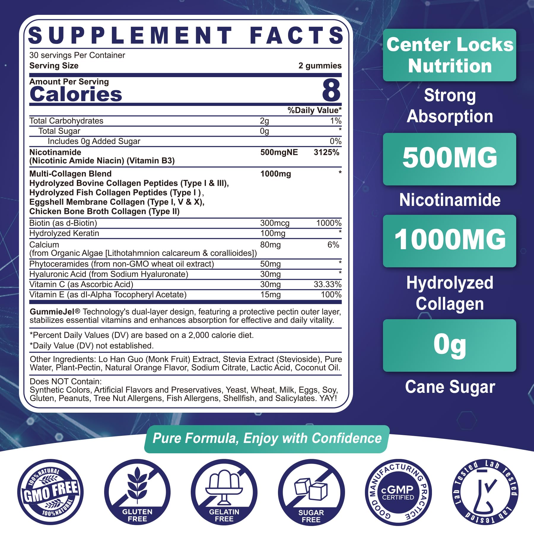 Neviss Nicotinamide Gummies ingredients panel with collagen peptides and hyaluronic acid.