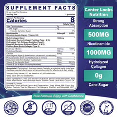 Neviss Nicotinamide Gummies ingredients panel with collagen peptides and hyaluronic acid.