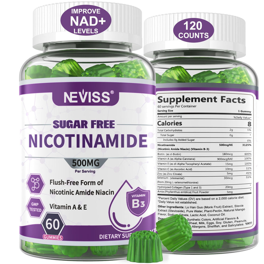 NEVISS Nicotinamide gummies bottle shows no flush formula for gentle daily use.