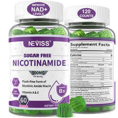 NEVISS Nicotinamide gummies bottle shows no flush formula for gentle daily use.