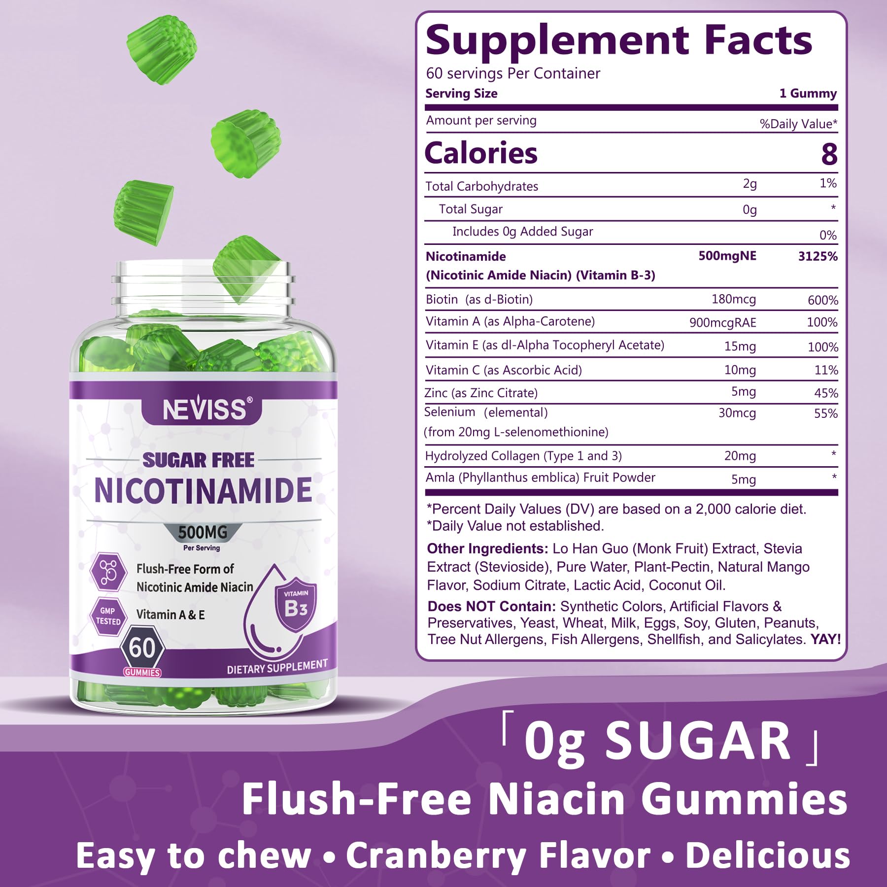 Close-up of NEVISS gummies highlighting cranberry flavor and chewable texture.